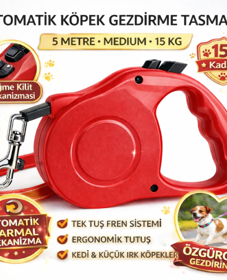 Karamel Otomatik  Köpek Gezdirme Tasması Medium 5 Metre 15 kg Kırmızı