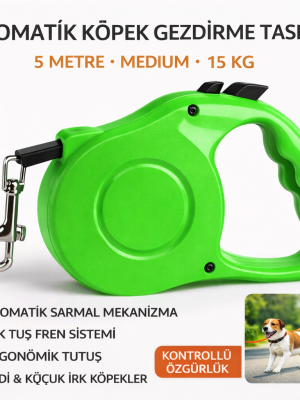 Karamel Otomatik  Köpek Gezdirme Tasması Medium 5 Metre 15 kg Yeşil