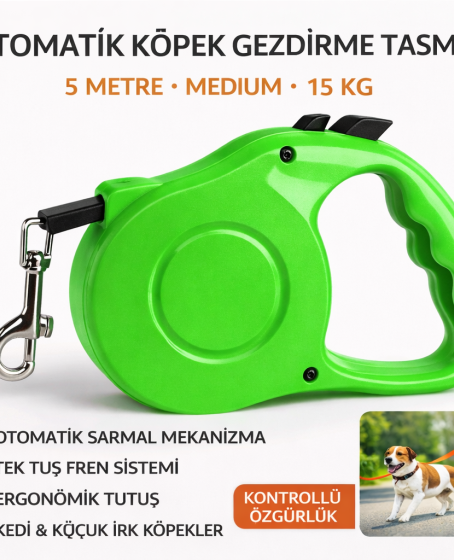 Karamel Otomatik Köpek Gezdirme Tasması Medium 5 Metre 15 kg Yeşil Karamel Otomatik Köpek Gezdirme Tasması Medium 5 Metre 15 kg Yeşil