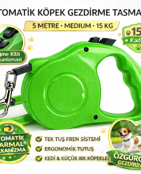 Karamel Otomatik Köpek Gezdirme Tasması Medium 5 Metre 15 kg Yeşil Karamel Otomatik Köpek Gezdirme Tasması Medium 5 Metre 15 kg Yeşil
