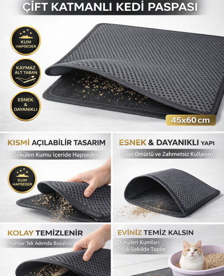 Kedi Elekli Tuvalet Önü Kum Tutucu Paspas 45 cm - 60 cm Gri Kedi Elekli Tuvalet Önü Kum Tutucu Paspas 45 cm - 60 cm Gri