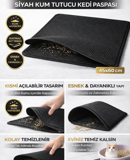 Kedi Elekli Tuvalet Önü Kum Tutucu Paspas 45 cm - 60 cm Siyah Kedi Elekli Tuvalet Önü Kum Tutucu Paspas 45 cm - 60 cm Siyah