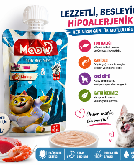 Moow Taze Ton Balıklı Karidesli ve Keçi Sütlü Kedi Et Ezmesi 90 gr Moow Taze Ton Balıklı Karidesli ve Keçi Sütlü Kedi Et Ezmesi 90 gr