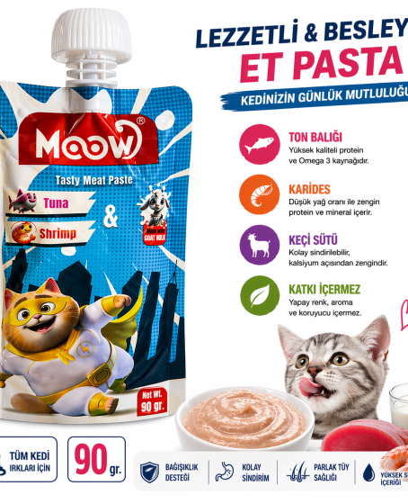 Moow Taze Ton Balıklı Karidesli ve Keçi Sütlü Kedi Et Ezmesi 90 gr Moow Taze Ton Balıklı Karidesli ve Keçi Sütlü Kedi Et Ezmesi 90 gr