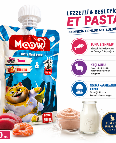 Moow Taze Ton Balıklı Karidesli ve Keçi Sütlü Kedi Et Ezmesi 90 gr Moow Taze Ton Balıklı Karidesli ve Keçi Sütlü Kedi Et Ezmesi 90 gr
