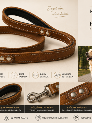 Hakiki Deri Köpek Gezdirme Kayışı Kamel 100 cm Yumuşak Dolgulu Tutma Saplı