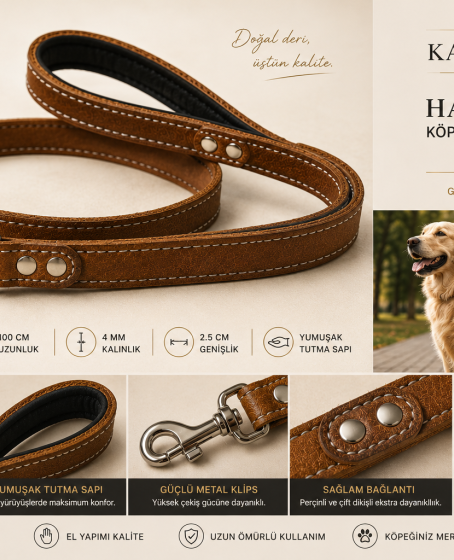 Hakiki Deri Köpek Gezdirme Kayışı Kamel 100 cm Yumuşak Dolgulu Tutma Saplı