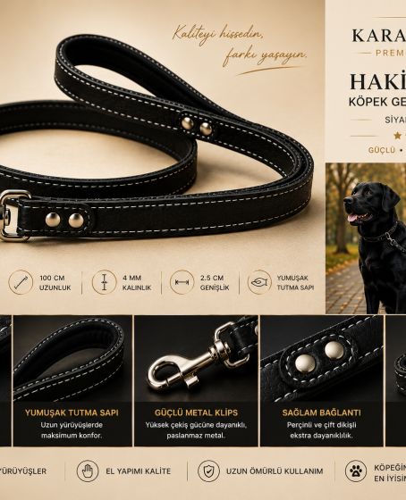 Hakiki Deri Köpek Gezdirme Kayışı Siyah 100 cm Yumuşak Dolgulu Tutma Saplı