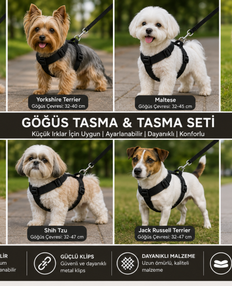 Gezdirme Kayışlı Dokuma Köpek Göğüs Tasma Seti 32*47-110 cm Siyah