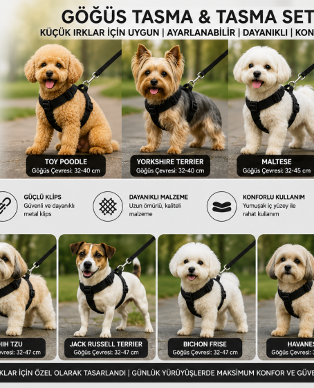 Gezdirme Kayışlı Dokuma Köpek Göğüs Tasma Seti 32*47-110 cm Siyah