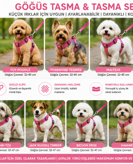 Gezdirme Kayışlı Dokuma Köpek Göğüs Tasma Seti 32*47-110 cm Pembe Gezdirme Kayışlı Dokuma Köpek Göğüs Tasma Seti 32*47-110 cm Pembe