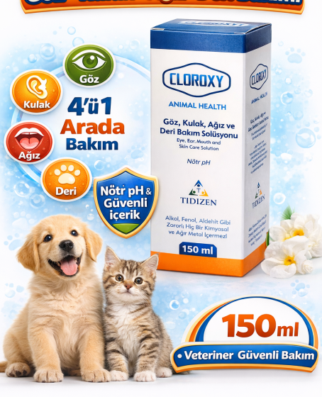 Cloroxy Kedi Köpek Göz Kulak Ağız ve Deri Bakım Solüsyonu 150 ml – Antiseptik Bakım Solüsyonu