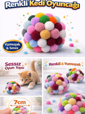 Renkli Ponpon Kedi Oyuncak Topu 7 cm  ( 2 Adet ) – Yumuşak Sessiz Kedi Oyun Topu