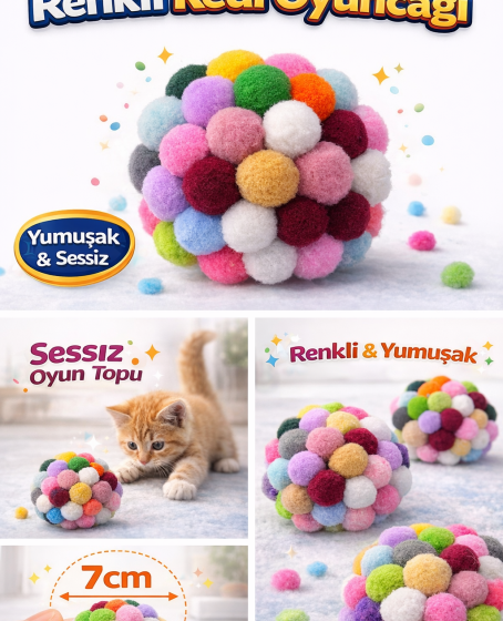 Renkli Ponpon Kedi Oyuncak Topu 7 cm ( 2 Adet ) – Yumuşak Sessiz Kedi Oyun Topu Renkli Ponpon Kedi Oyuncak Topu 7 cm ( 2 Adet ) – Yumuşak Sessiz Kedi Oyun Topu