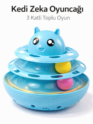 Hacıyatmaz Kedi Oyuncağı 3 Katlı Toplu Zeka Oyuncağı 20x21 cm – Devrilmez Interaktif Mama Oyuncağı