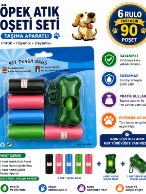 Köpek Dışkı Poşeti 6 rulo + Taşıma Aparatı Hediyeli ( 90 poşet - 6 rulo )