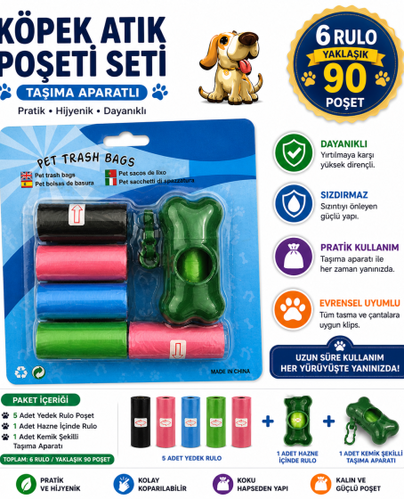 Köpek Dışkı Poşeti 6 rulo + Taşıma Aparatı Hediyeli ( 90 poşet - 6 rulo ) Köpek Dışkı Poşeti 6 rulo + Taşıma Aparatı Hediyeli ( 90 poşet - 6 rulo )