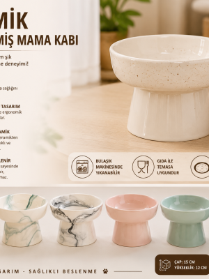 Yüksek Altlıklı Oval Seramik Mama Su Kabı 250 ml Çeşitli Renklerde