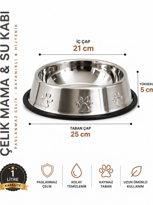 Köpekler İçin Pati Desenli Çelik Mama Su Kabı 25 Cm - 32 Oz - 1 LT