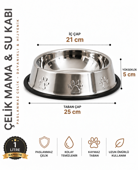 Köpekler İçin Pati Desenli Çelik Mama Su Kabı 25 Cm - 32 Oz - 1 LT