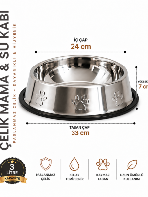 Köpekler İçin Pati Desenli Çelik Mama Su Kabı 33 Cm - 96 Oz - 3 LT
