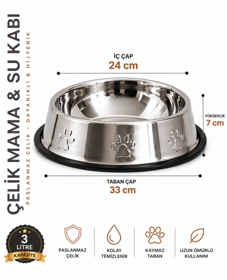 Köpekler İçin Pati Desenli Çelik Mama Su Kabı 33 Cm - 96 Oz - 3 LT