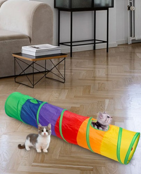Gökkuşağı Desenli Kedi Oyun Tüneli, Katlanabilir 125 cm Gökkuşağı Desenli Kedi Oyun Tüneli, Katlanabilir 125 cm