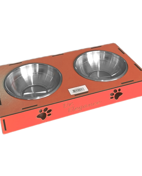 Ahşap Sehpalı İkili Devrilmez Kedi Köpek Su Ve Mama Kabı 34 cm - 300 ml Turuncu