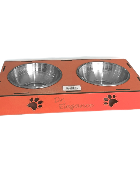 Ahşap Sehpalı İkili Devrilmez Kedi Köpek Su Ve Mama Kabı 34 cm - 300 ml Turuncu