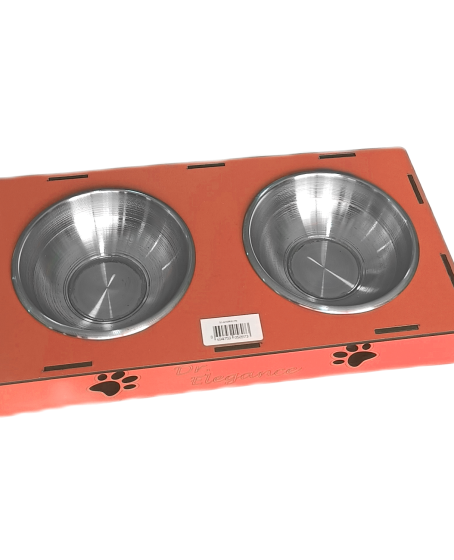 Ahşap Sehpalı İkili Devrilmez Kedi Köpek Su Ve Mama Kabı 34 cm - 300 ml Turuncu