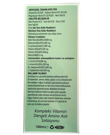 Arivitasol Evcil Hayvanlar İçin Kompleks Vitamin Ve Dengeli Aminoasit Solüsyonu 100 ml Arivitasol Evcil Hayvanlar İçin Kompleks Vitamin Ve Dengeli Aminoasit Solüsyonu 100 ml