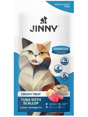 Jinny Creamy Digestive Hasas Sindirim için Ton Balıklı ve Deniz Taraklı Kedi Ödül Maması 5x15 gr