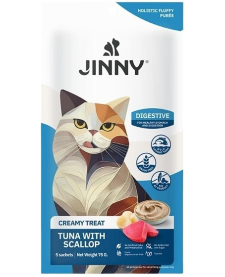 Jinny Creamy Digestive Hasas Sindirim için Ton Balıklı ve Deniz Taraklı Kedi Ödül Maması 5x15 gr