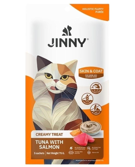 Jinny Creamy Skin Coat Ton Balıklı ve Somonlu Kedi Sıvı Ödül Maması 5x15 gr
