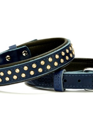Konforlu Deri Swarovski Kristal Taşlı Köpek Boyun Tasması 2 x 32-39 cm Mavi