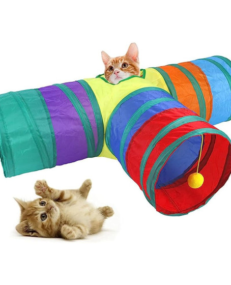 Gökkuşağı Desenli T Model Kedi Oyun Tüneli, Katlanabilir 50 x 75 cm