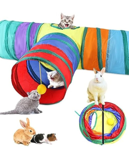 Gökkuşağı Desenli T Model Kedi Oyun Tüneli, Katlanabilir 50 x 75 cm