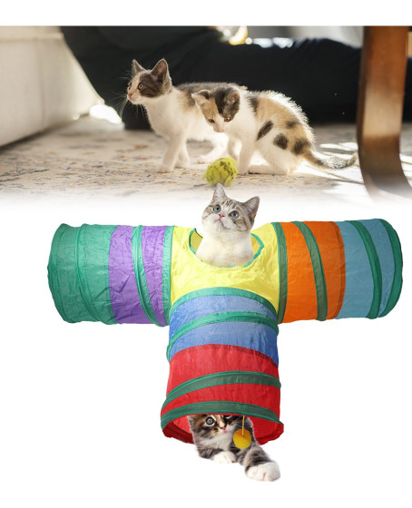 Gökkuşağı Desenli T Model Kedi Oyun Tüneli, Katlanabilir 50 x 75 cm