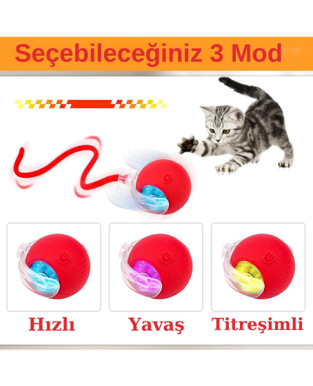 Hareketli Şarjlı Işıklı 360 Derece Dönen Akıllı Oyun Topu Kuyruklu İnteraktif Kedi Köpek Oyun Topu