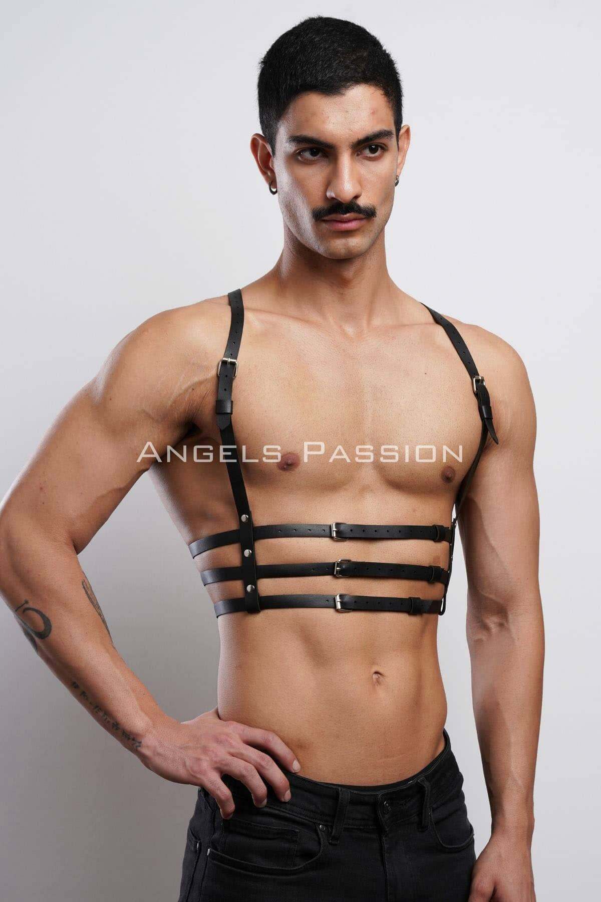 CLZ41 3 Sıralı Erkek Göğüs Harness, Şık T-Shirt Üzeri Aksesuar - Ürün Rengi:Siyah