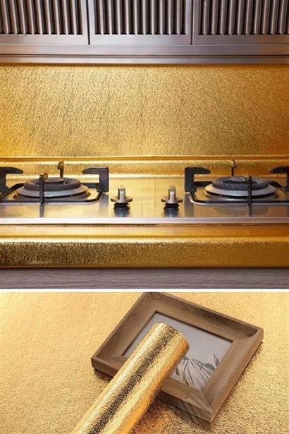 CLZ303  10 Metre Kendinden Yapışkanlı Silinebilir Mutfak Tezgah Üstü Sticker Folyo Gold Renk