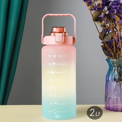 CLZ303   2 Litre Motivasyon Su Şişesi Sızdırmaz Dayanıklı Kapaklı Şık Tasarımlı Renkli Su Matarası 3d ve 2d Sticker Hediyeli