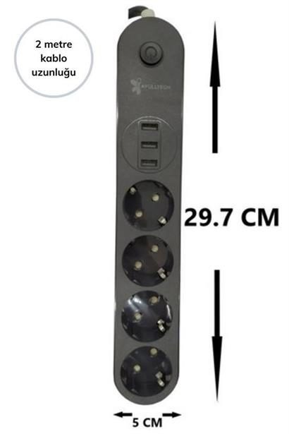 CLZ303  4lü Siyah Anahtarlı 3 USB Li Akım Korumalı Topraklı Çocuk Korumalı Grup Priz 2 Metre