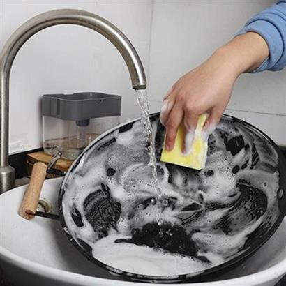 CLZ303  İkisi Bir Arada  Basmalı Pratik Sıvı Sabunluk Pompası ve Bulaşık Yıkama Süngeri Haznesi