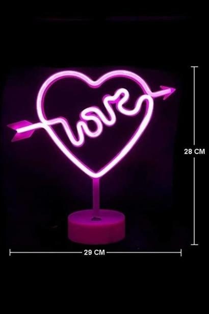 CLZ303  Kalpli Love Yazılı Dekoratif Neon Pilli Led Masa ve Gece Lambası
