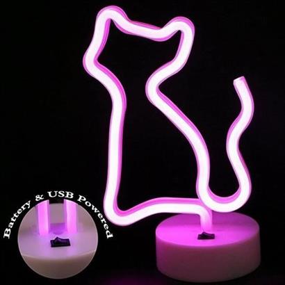 CLZ303  Pembe Kedi Neon Led Işıklı Usb Girişli Pilli Masa ve Gece Lambası