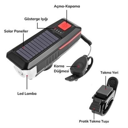 CLZ303  Solar Enerjili USB ile Şarj Edilebilir Ledli Bisiklet Feneri Kornalı ve Su Geçirmez Far
