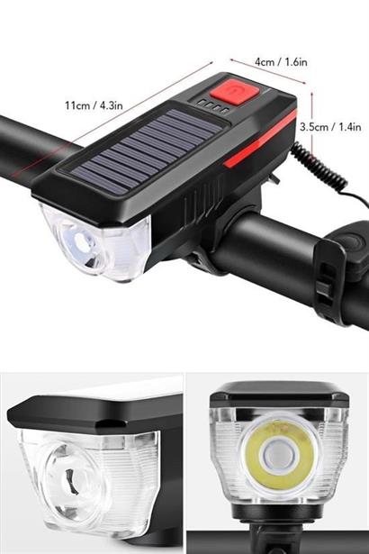 CLZ303  Solar Enerjili USB ile Şarj Edilebilir Ledli Bisiklet Feneri Kornalı ve Su Geçirmez Far