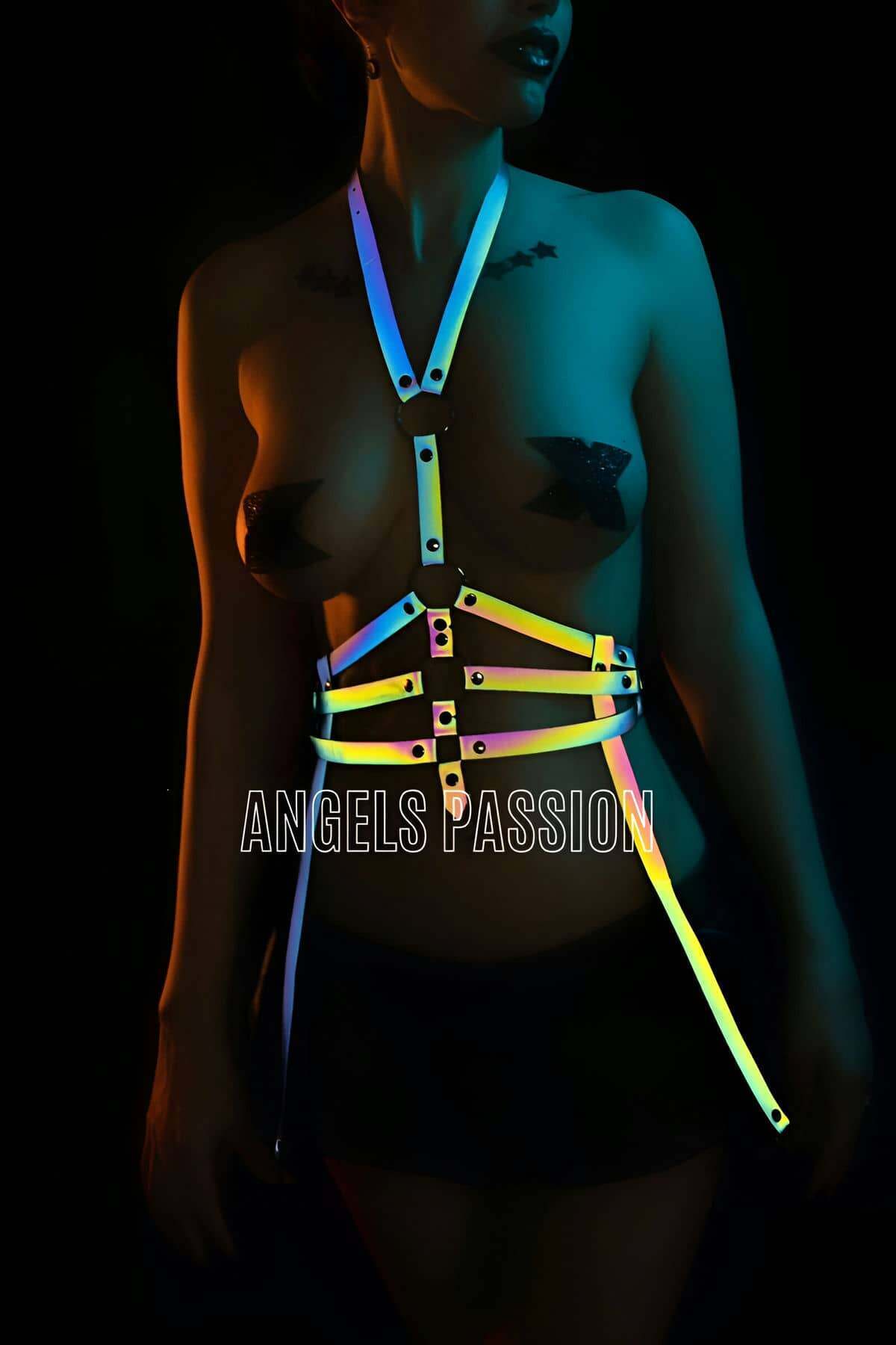 CLZ41 Bayan Fantazi İç Giyim Jartiyer HarnessÖzel Tasarım İç Giyim - Ürün Rengi:Rainbow Reflektör