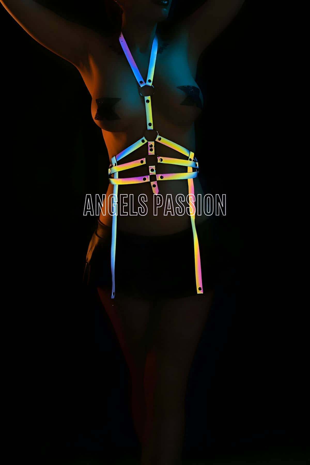 CLZ41 Bayan Fantazi İç Giyim Jartiyer HarnessÖzel Tasarım İç Giyim - Ürün Rengi:Rainbow Reflektör